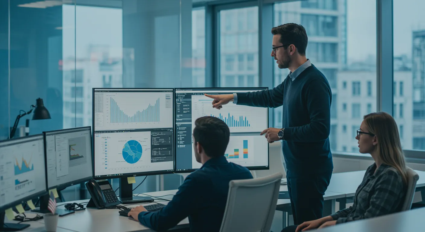 Three colleagues in an office analyzing financial charts displayed on multiple computer monitors.