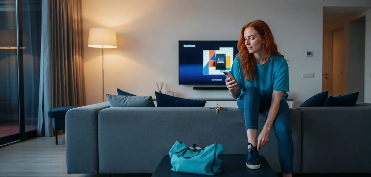 Woman with red hair sitting on a gray couch tying her sneaker and looking at her phone in a modern living room.