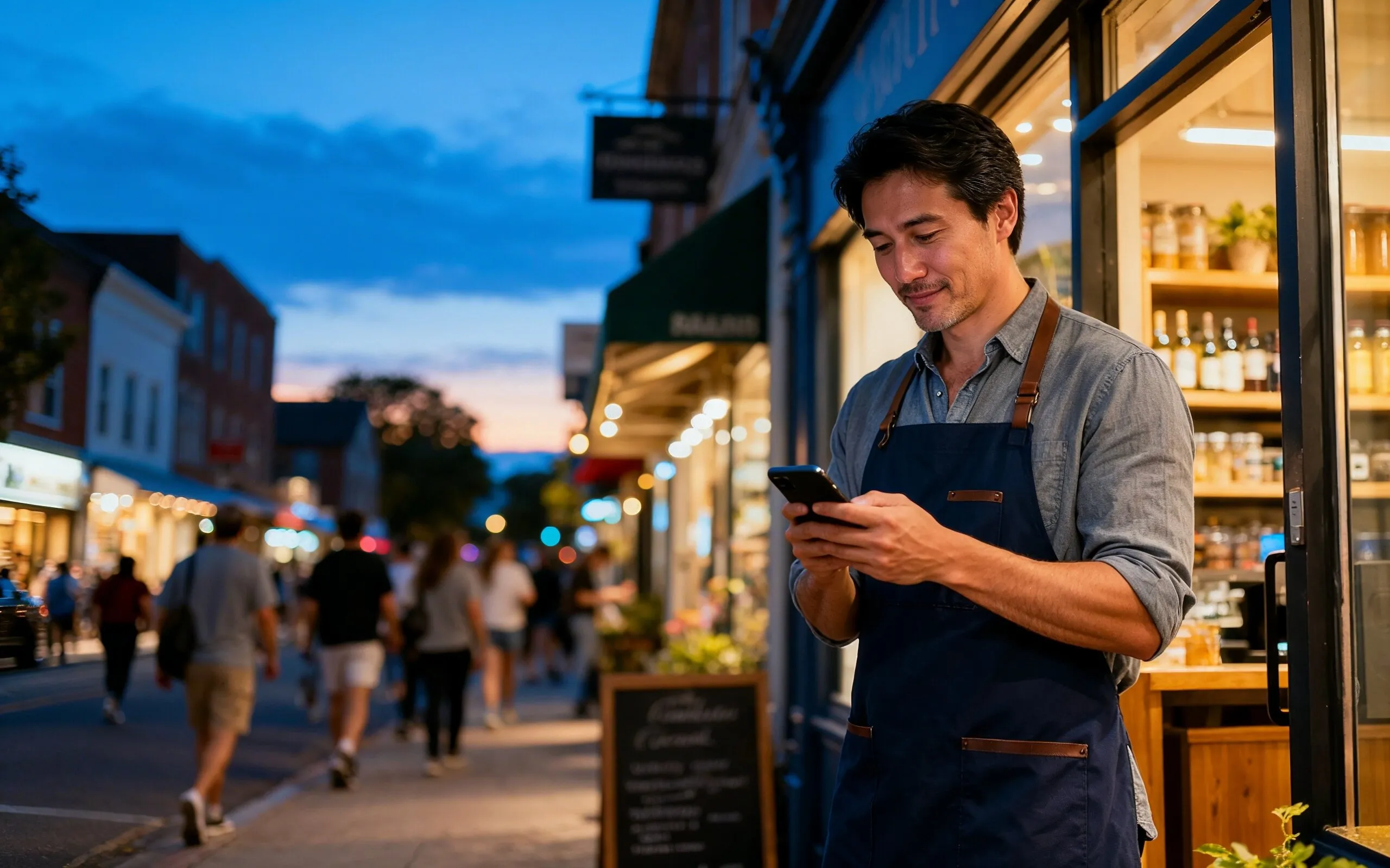 Man wearing apron standing outside a shop at dusk, smiling and looking at his phone.