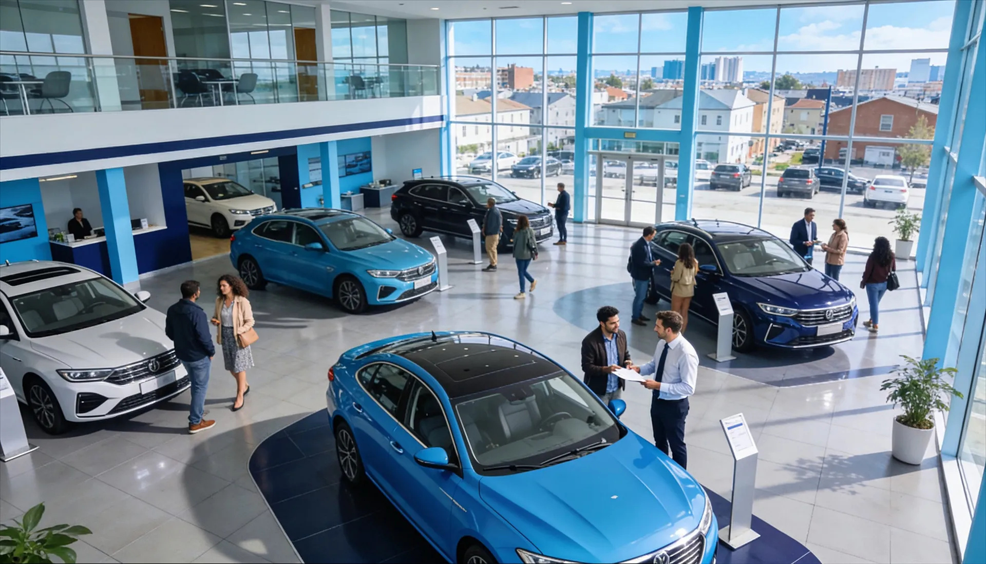 Car showroom with various blue, black, and white vehicles on display and people interacting.