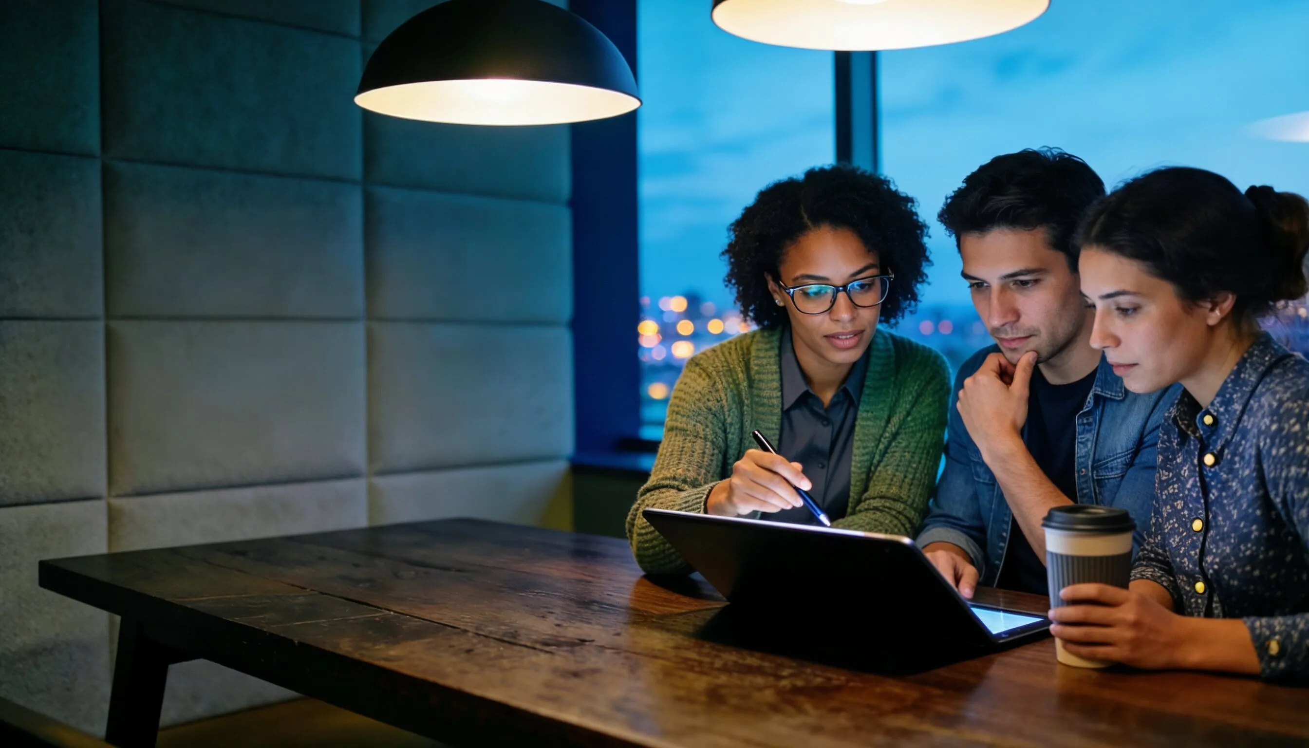 Three young professionals reviewing work on a tablet in a modern office at night, one holding a coffee cup.