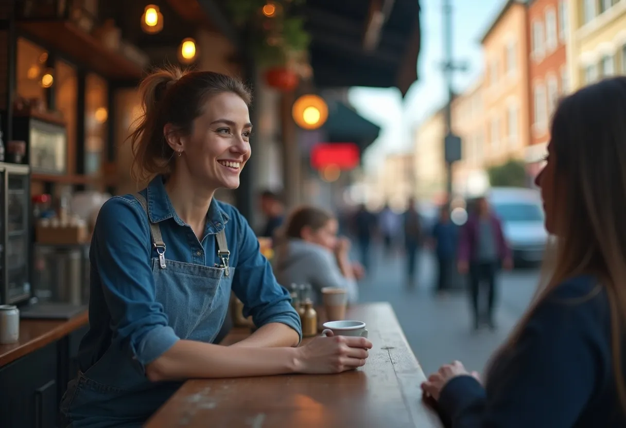 Smiling barista in denim apron holding a cup, chatting with a customer at an outdoor café counter.