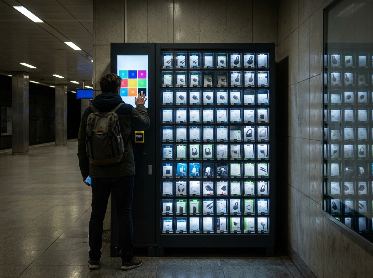 Verkaufsautomat am Bahnhof – Halle bei Nacht