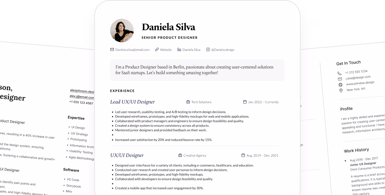 Digital resume of Daniela Silva, Senior Product Designer, detailing contact info, summary, and UX/UI design experience.