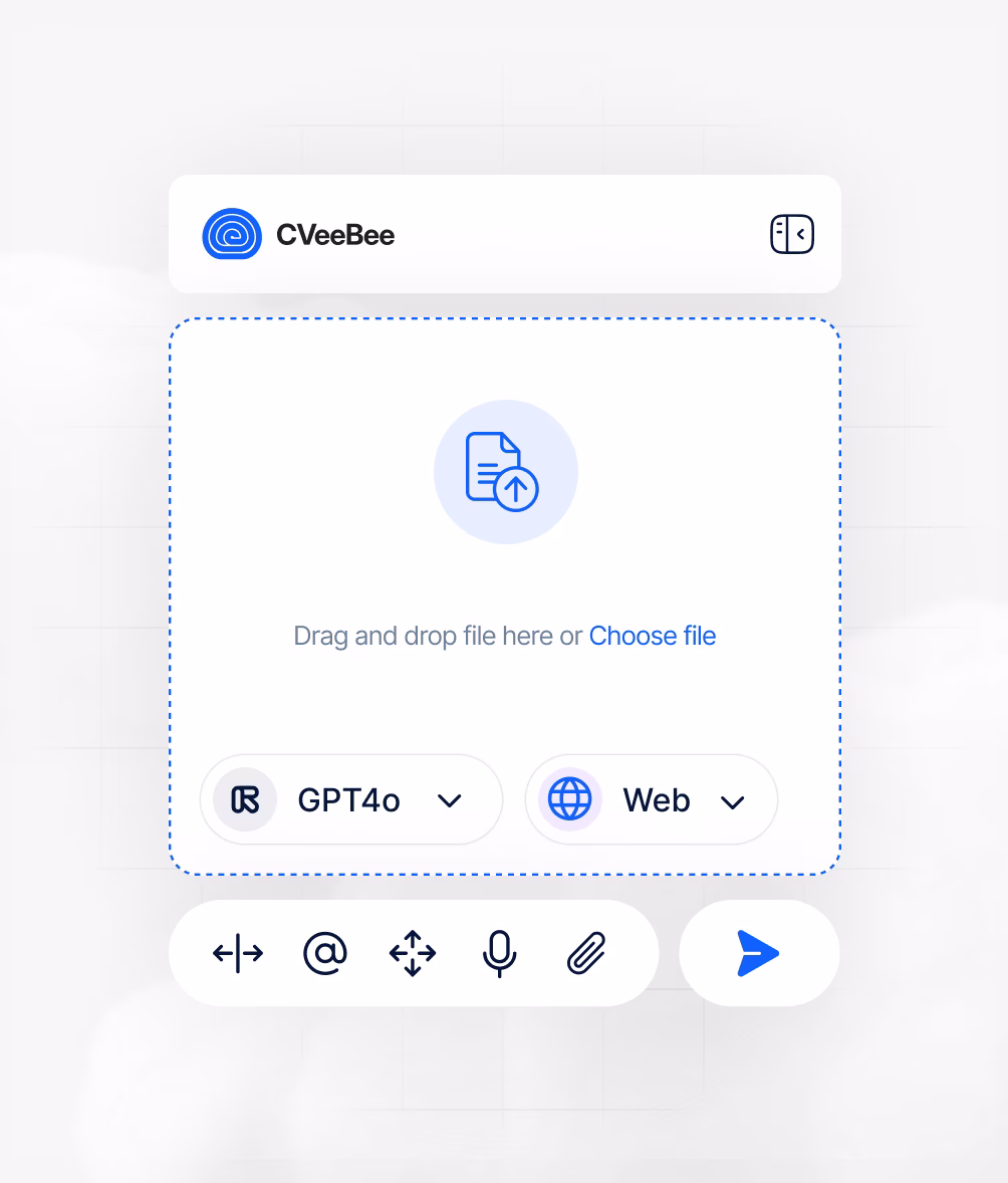 CVeeBee interface showing a file upload area with drag-and-drop option, GPT4o and Web selection dropdowns, and icons for formatting, mentioning, resizing, voice input, attachment, and send button.