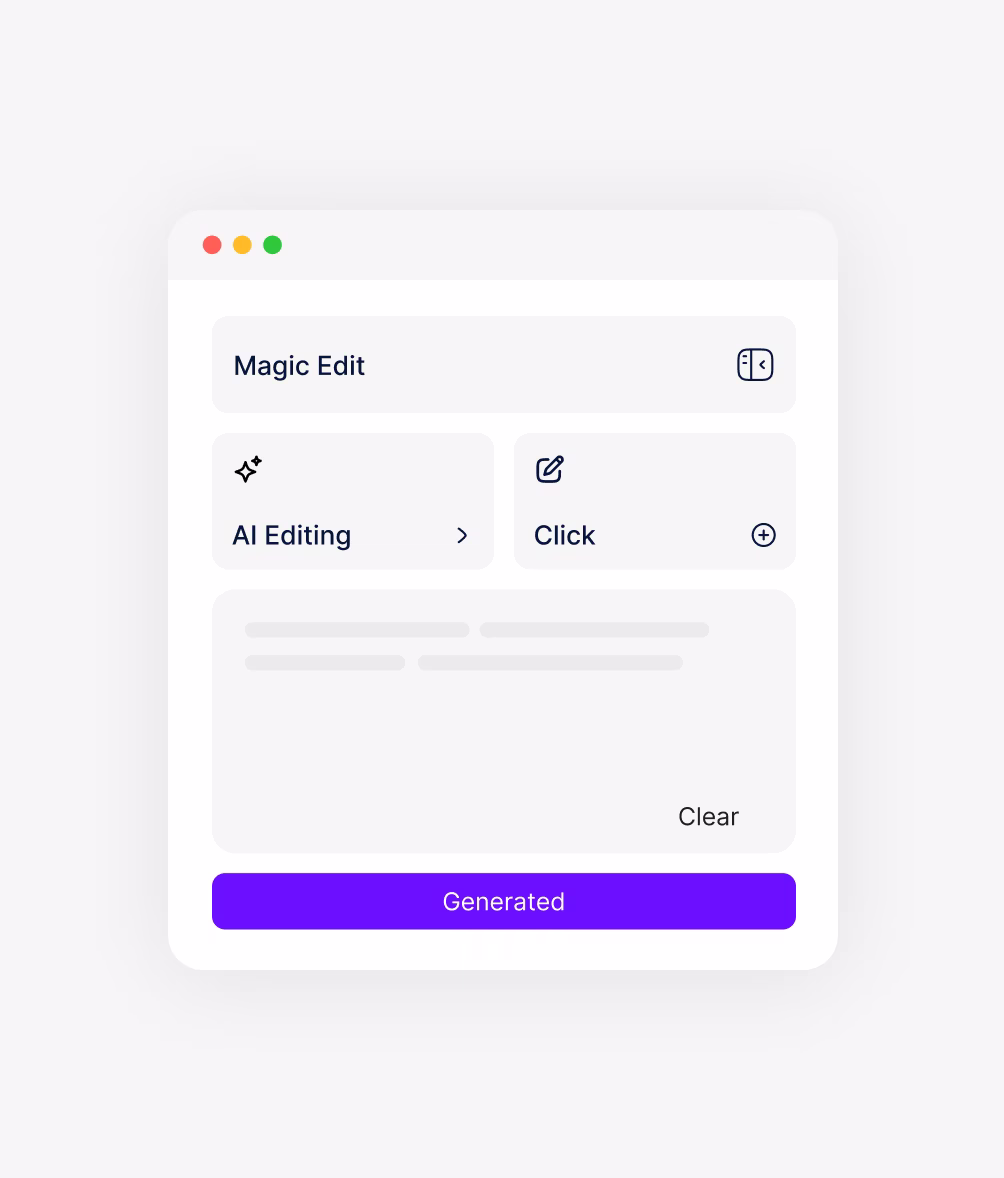 User interface of Magic Edit tool with options for AI Editing and Click, and a purple Generated button.