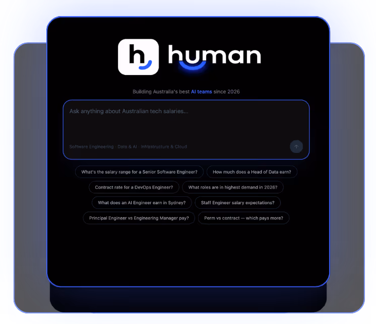 User interface of Human AI platform querying Australian tech salaries with example questions on software engineering and AI roles.