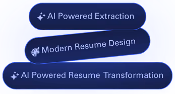 Three dark blue curved rectangles with white text reading: 'AI Powered Extraction,' 'Modern Resume Design,' and 'AI Powered Resume Transformation' on a blue radial gradient background.