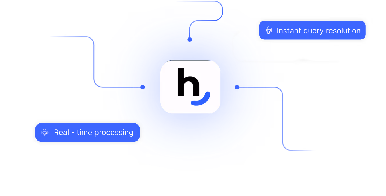 Central stylized 'h' logo surrounded by blue concentric circles with labels for 'Instant query resolution' and 'Real-time processing' connected by lines.