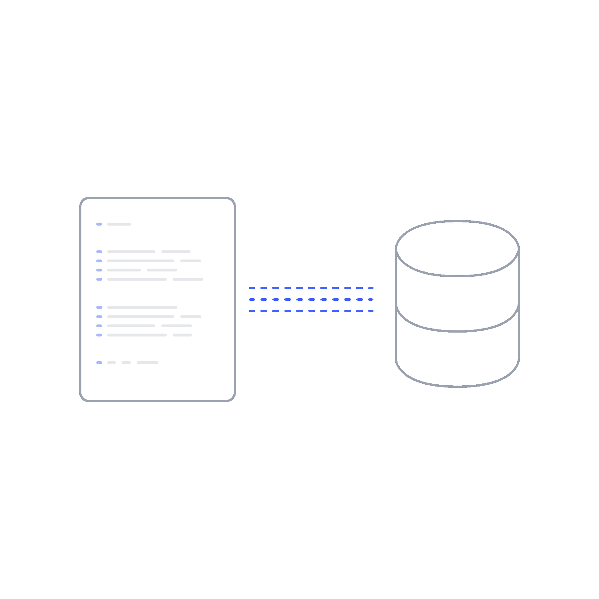 Illustration showing data being ingested from a document or code interface on the left to a database icon on the right, connected by dotted lines.