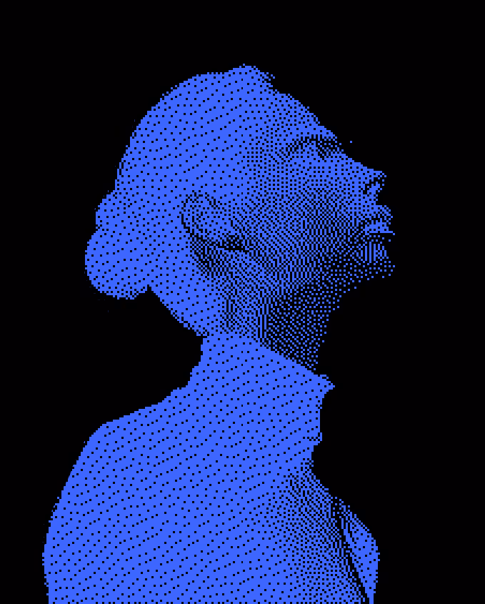 Blue digital pixelated side profile of a woman looking upwards on a black background.