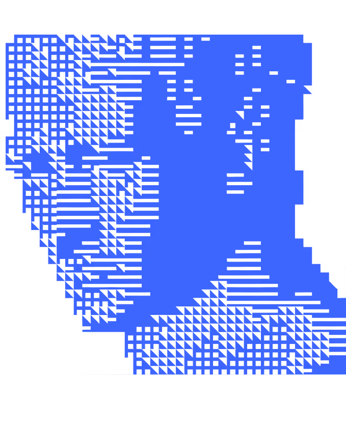 ASCII blue pattern with diagonal lines and small triangles on a black background forming an asymmetrical shape.