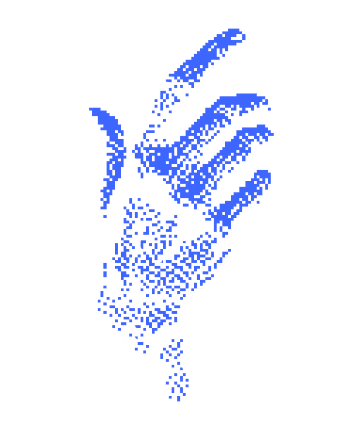 Abstract digital art of a blue pixelated hand on a black background.