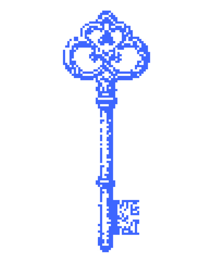Blue vintage ornate skeleton key with a decorative bow and bit against a black background.