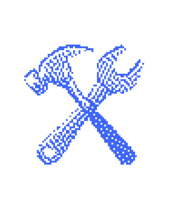 Blue pixelated crossed hammer and wrench on a black background.