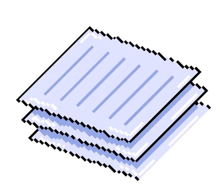 Stack of three light blue digital document icons with lines representing text on a black background.