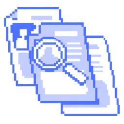 Blue outline icon of a magnifying glass over a document in front of a folder representing file search or document review.