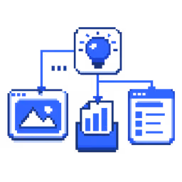 Blue digital icons representing image, light bulb, bar chart, and document connected in a flowchart.
