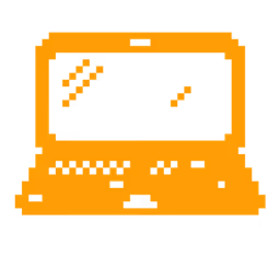 Pixel art style orange retro computer with keyboard and screen.