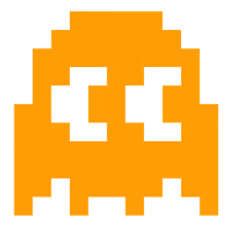 Orange pixelated ghost icon with two large black eyes looking sideways.