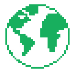 Green pixel art representation of Earth with continents visible on a black background.