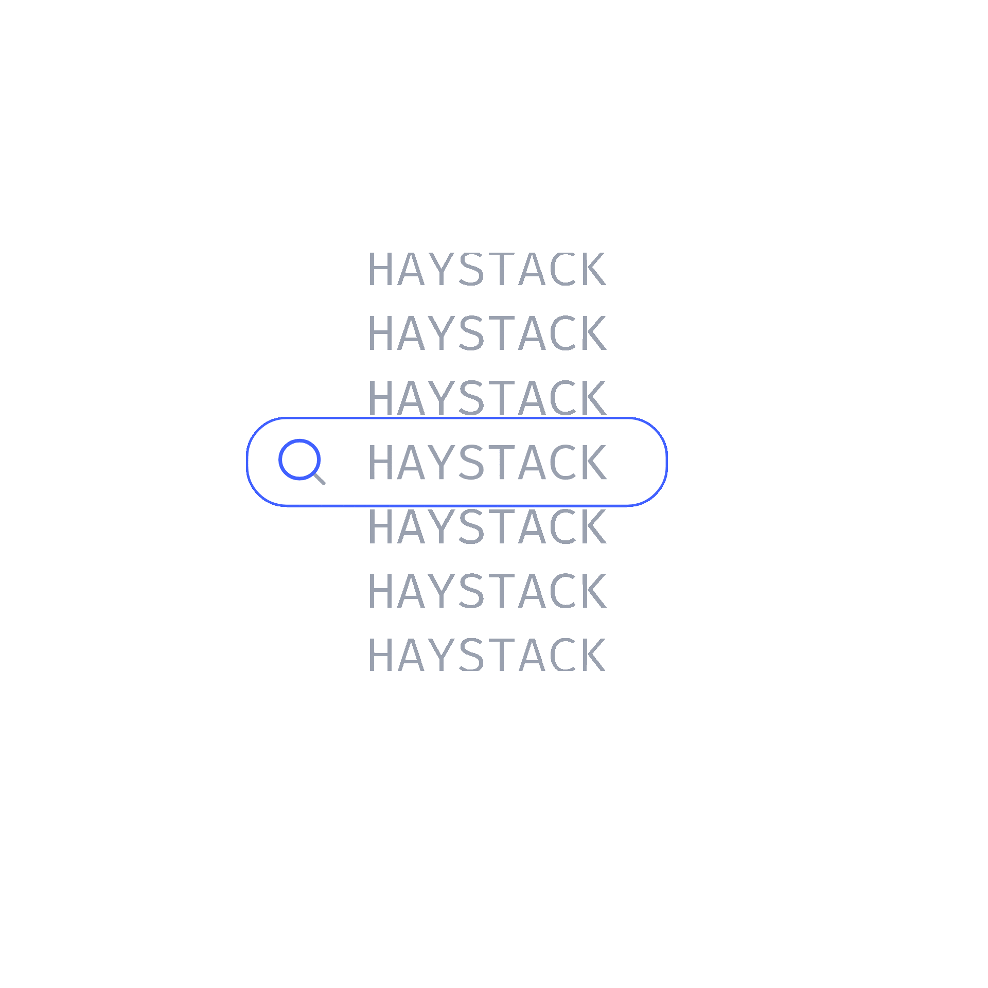 Animated search bar with the word 'HAYSTACK' typed, surrounded by multiple translucent 'HAYSTACK' text repetitions, and a button labeled 'Advisory' below.