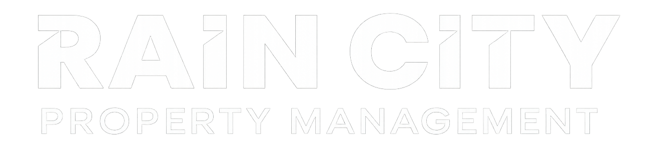 Rain City Property Management white text logo on black background.