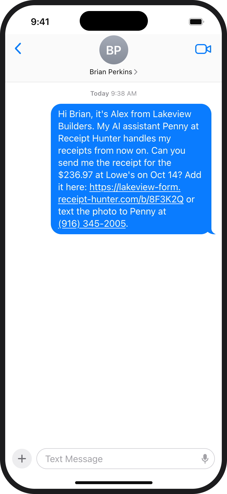 Text message from the business owner asking for a receipt, with a link and Receipt Hunter's number