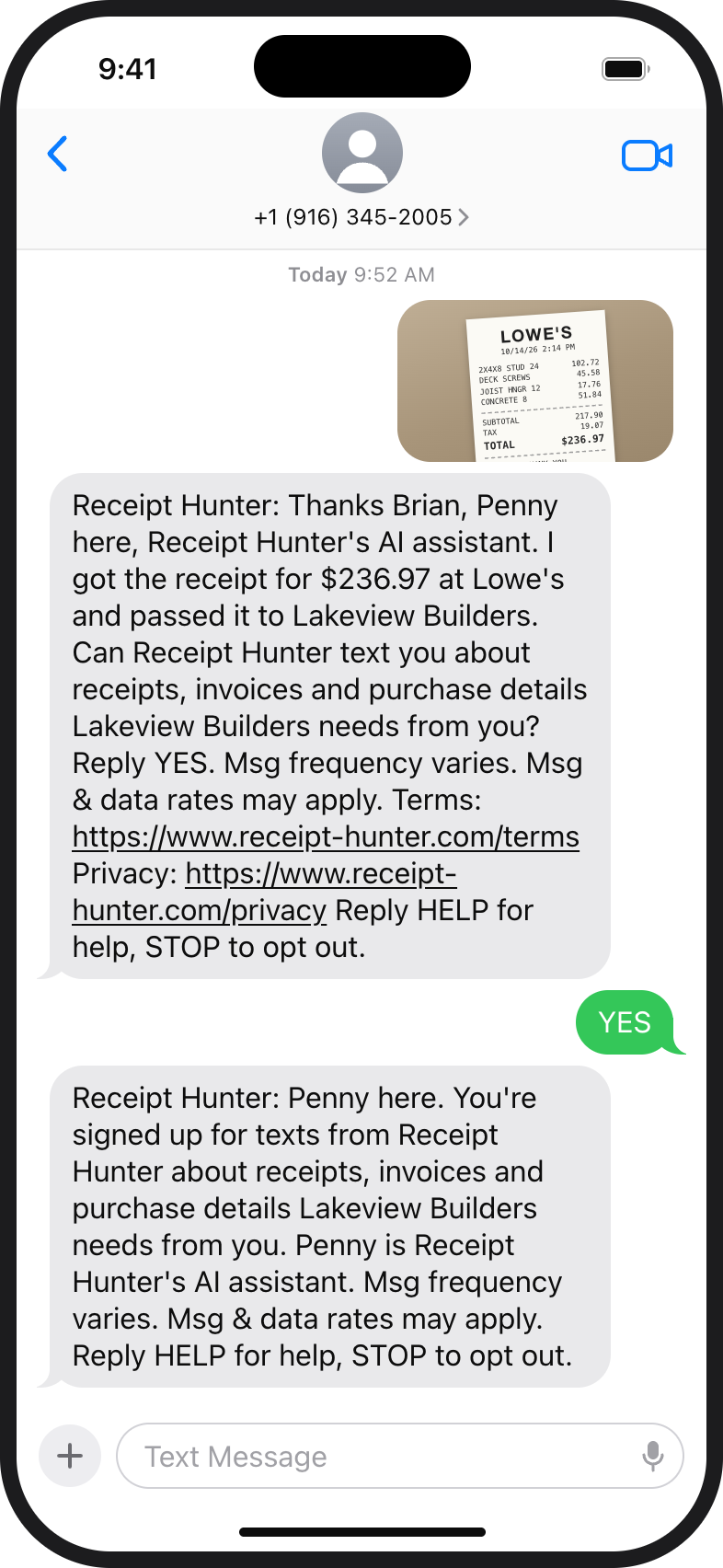 Text conversation: a receipt photo sent to Receipt Hunter, Penny's reply asking to reply YES, the YES, and the sign-up confirmation