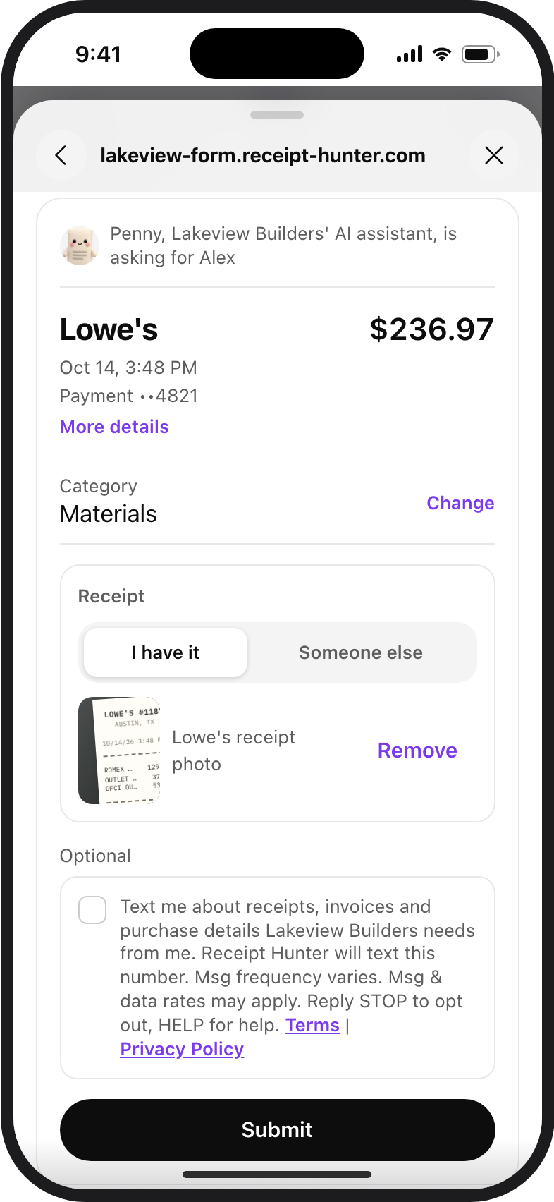 Receipt Hunter receipt form with an optional, unticked box to get texts, and links to the Terms and Privacy Policy