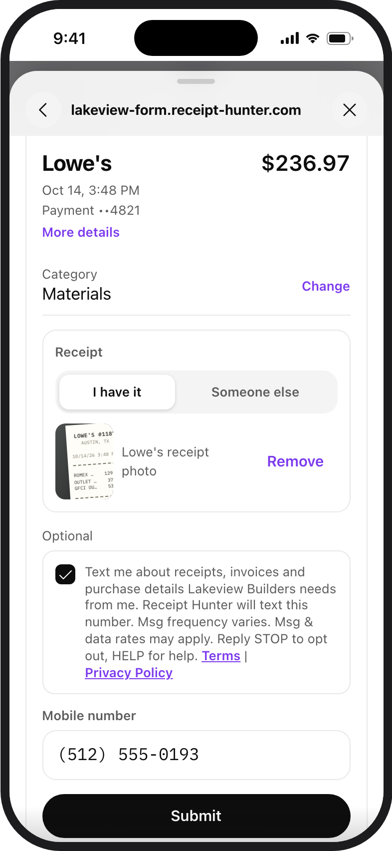 Receipt Hunter receipt form with the optional texting box ticked and a Mobile number field filled in below it