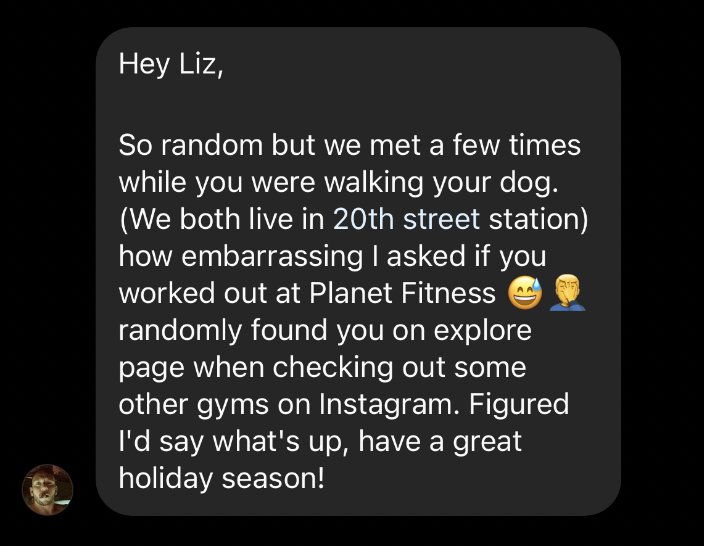 John's first Instagram DM to Liz