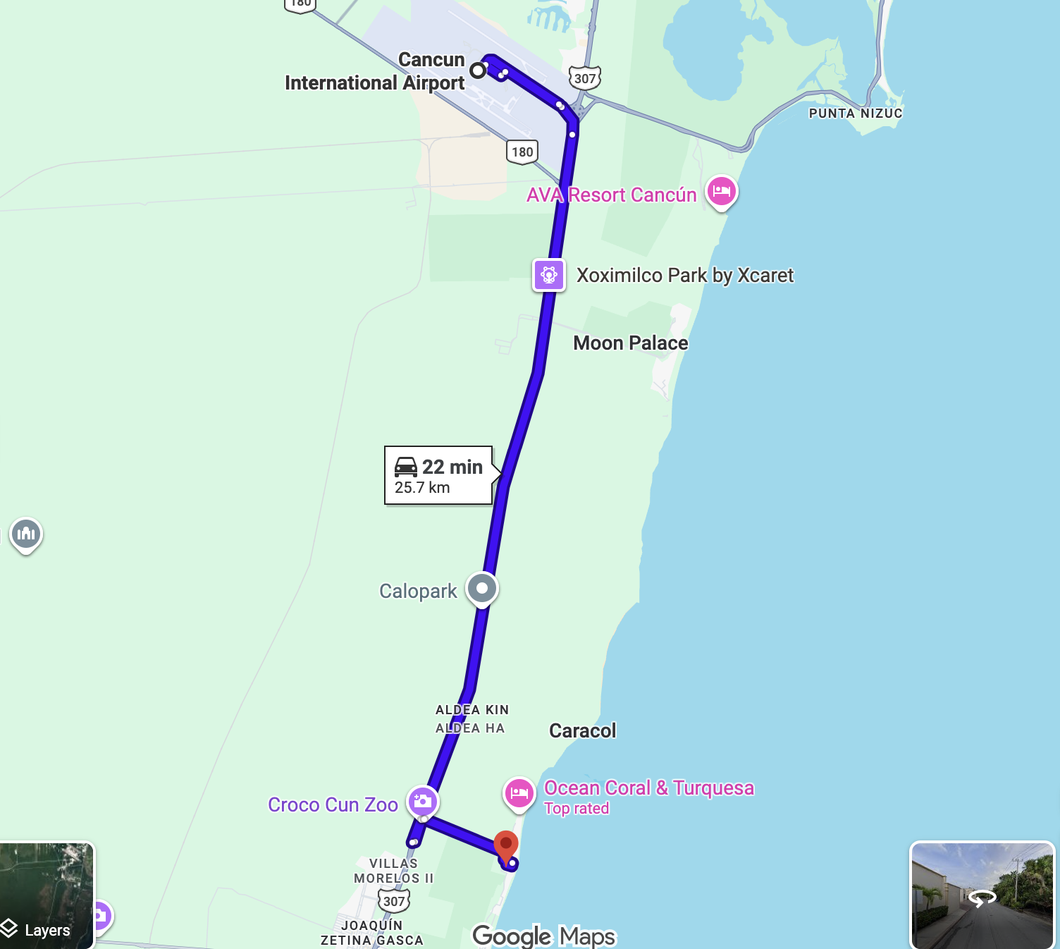 Map showing route from Cancun Airport to Dreams Riviera Cancun Resort