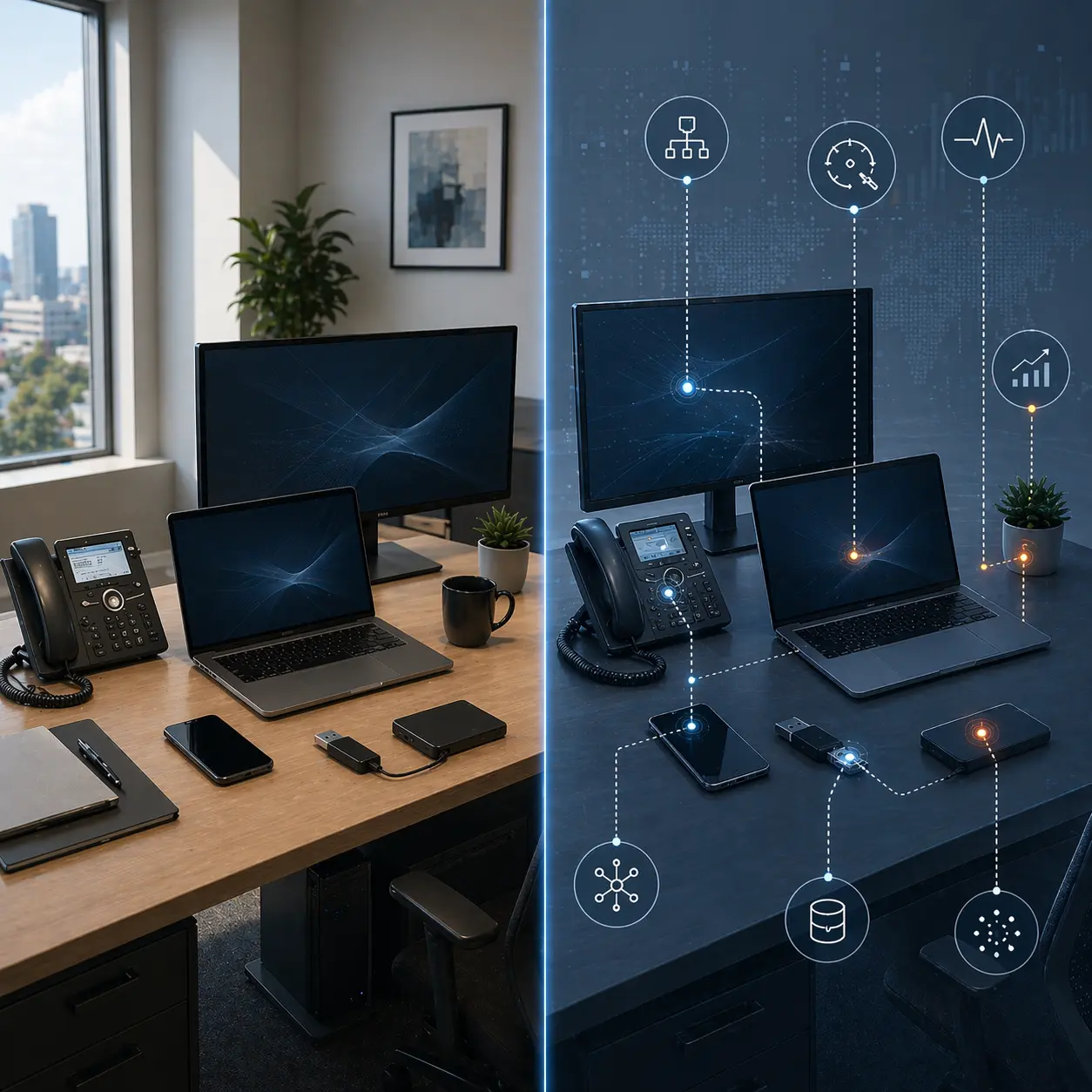 Two views of an office desk - one shows nothing suspicious the other shows potential hidden risks