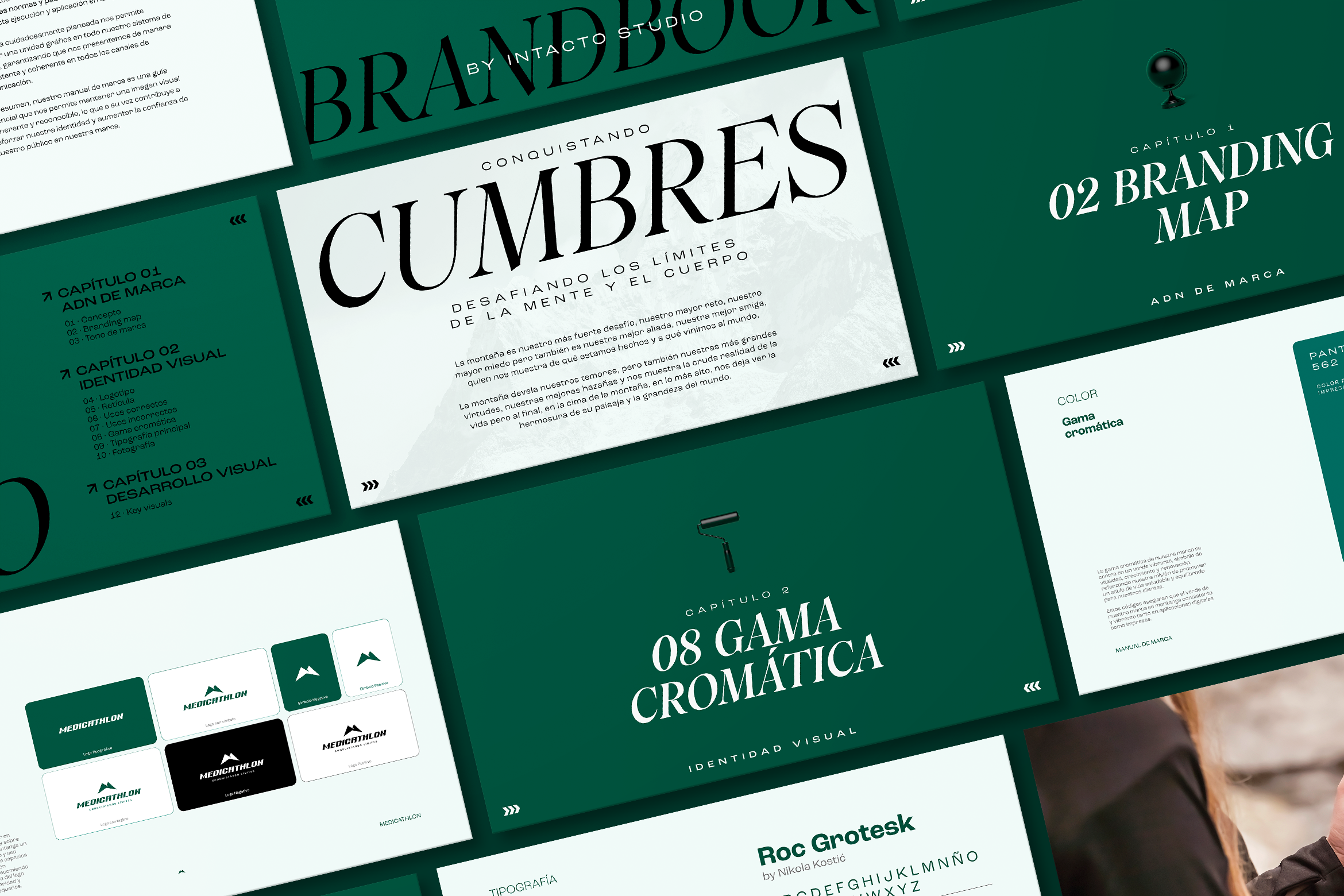 Mosaico de páginas del brandbook de Medicathlon con portada "Conquistando cumbres desafiando los límites de la mente y el cuerpo" sistema de logotipos en verde y blanco branding map gama cromática y tipografía Roc Grotesk manual de identidad visual completo para marca colombiana de deporte y salud por Intacto Studio estudio de branding en Medellín y Bogotá Colombia.