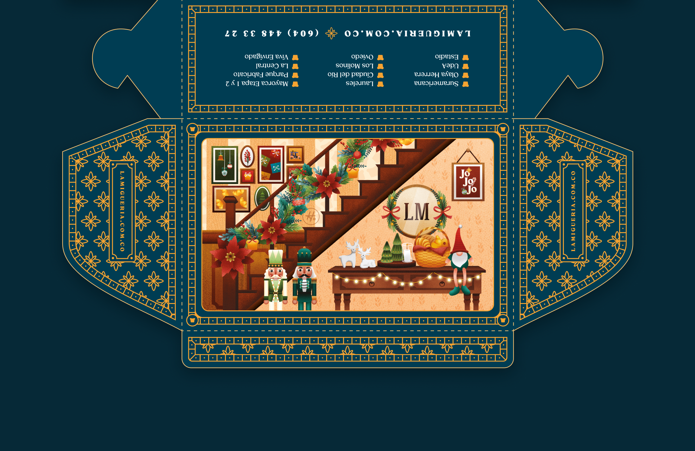 Dieline o troquel de caja navideña La Miguería Panadería y Repostería 2025 — desplegado técnico de packaging en azul y dorado con ilustración festiva de sala decembrina, cascanueces, duende navideño y flores de nochebuena. Diseño de packaging e ilustración por Intacto Studio, Medellín.