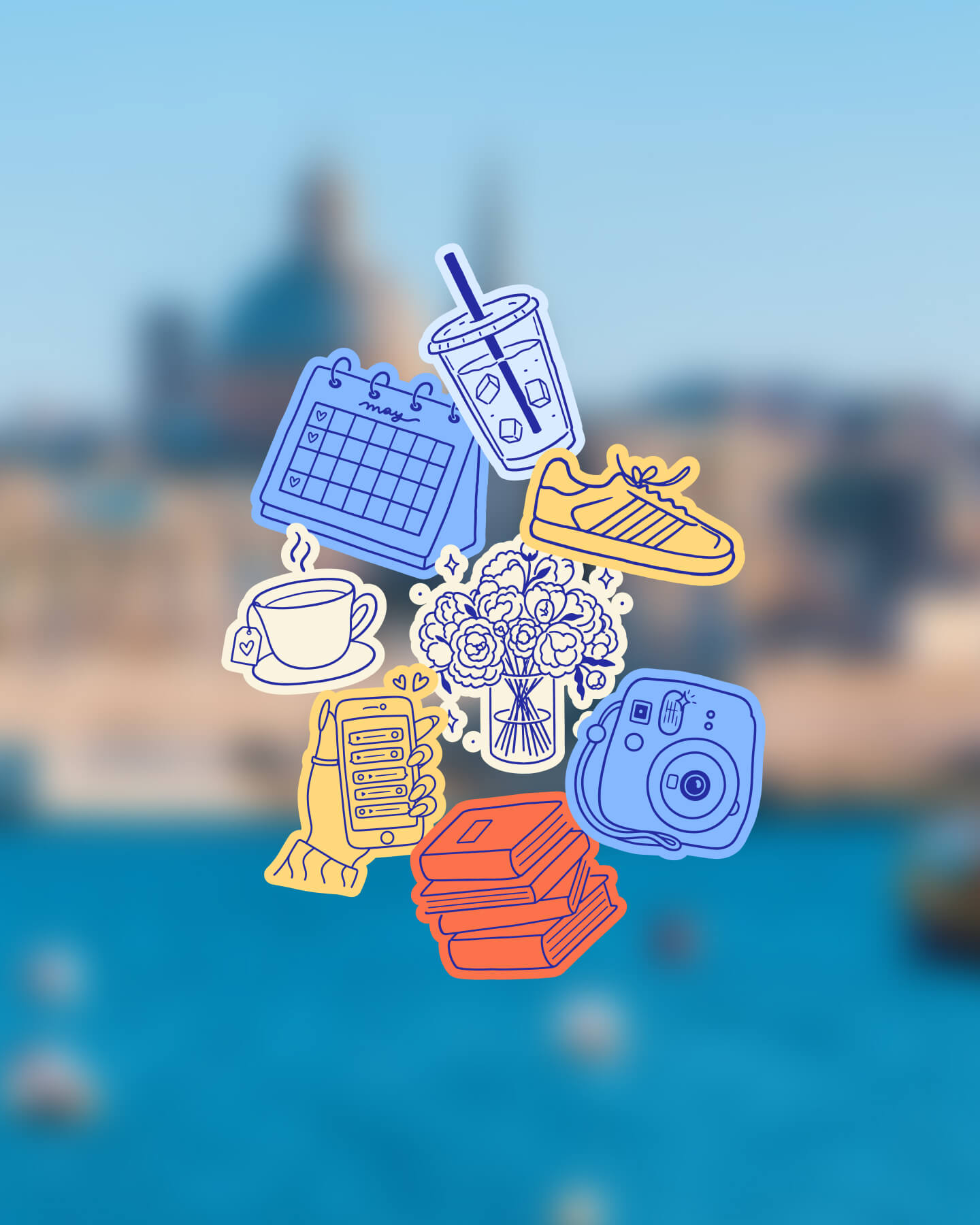 Set de stickers ilustrados de Mar de Ideas con calendario, iced coffee, tenis, flores, cámara, libros y celular, aplicados sobre fondo urbano desenfocado como parte del universo gráfico de marca personal.