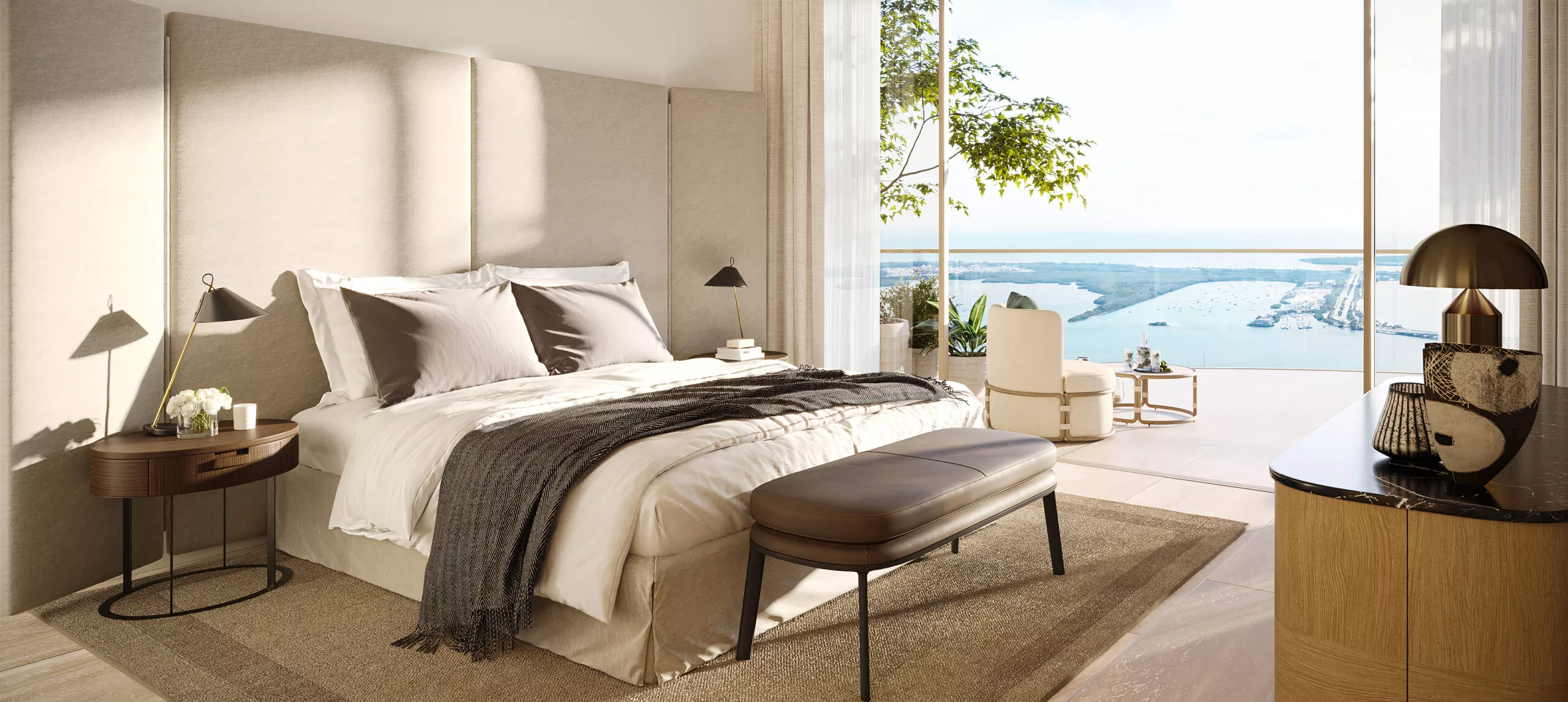 1428 Brickell primary bedroom, travertine marble, floor-to-ceiling windows