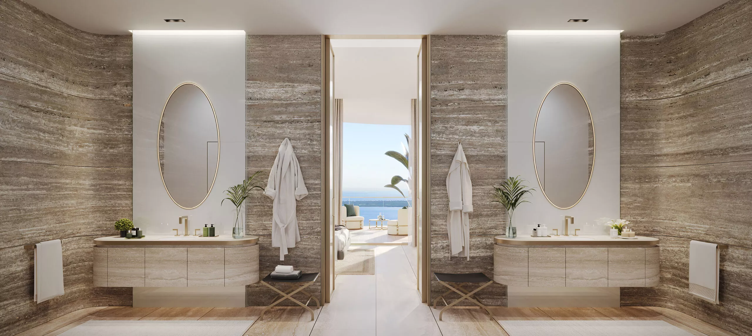 1428 Brickell primary bathroom, travertine marble, sculptural bathtub