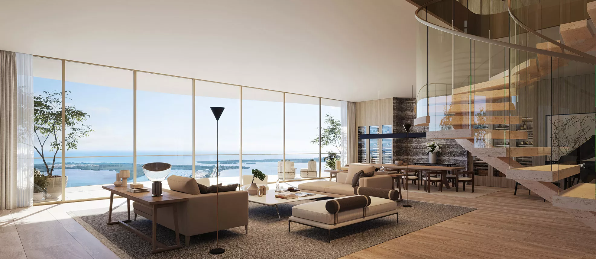 1428 Brickell living room, floor-to-ceiling glass, bay views