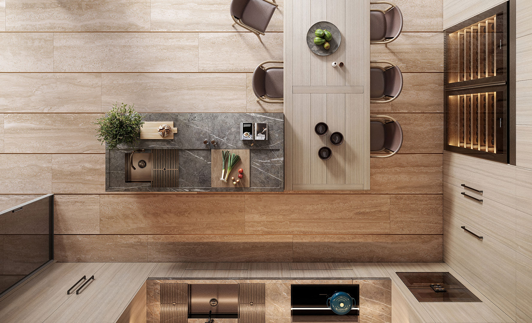 1428 Brickell kitchen island, Italian marble, limestone backsplash