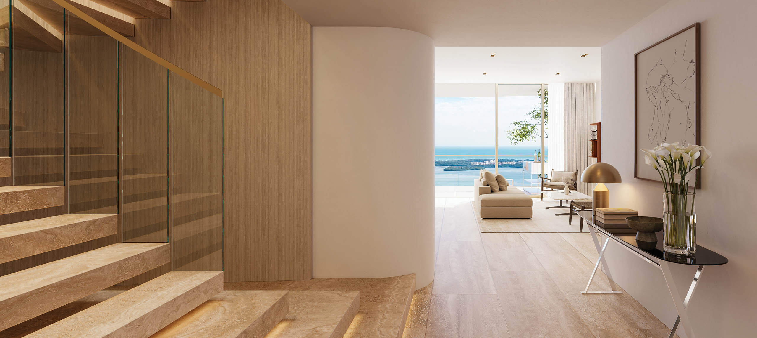 1428 Brickell two-story residence staircase, 30-foot ceilings