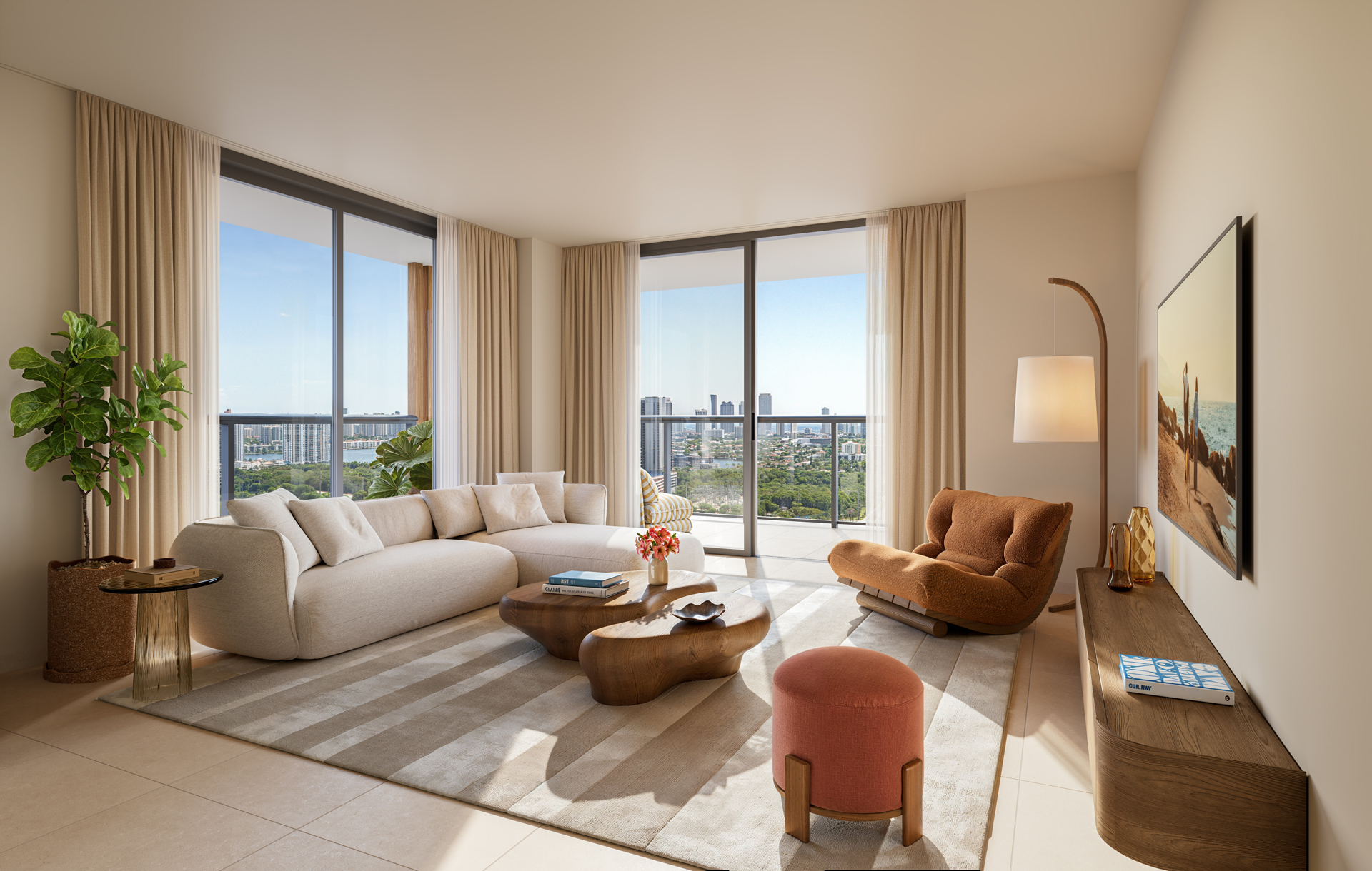 The William Residences living room with imported porcelain flooring, expansive balcony access, and city views in North Miami Beach