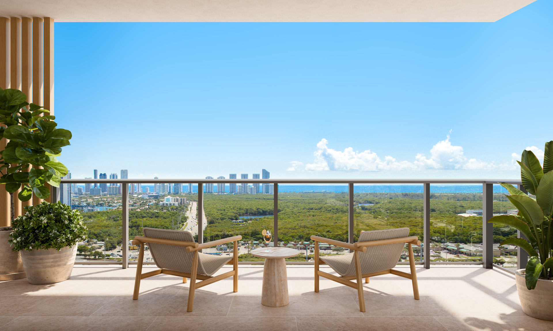 Rooftop amenity level at The William Residences with pickleball court and sunset terrace