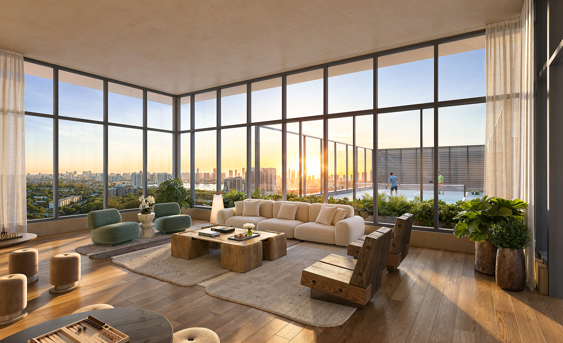 Rooftop pickleball court at The William Residences with sunset terrace views of North Miami Beach