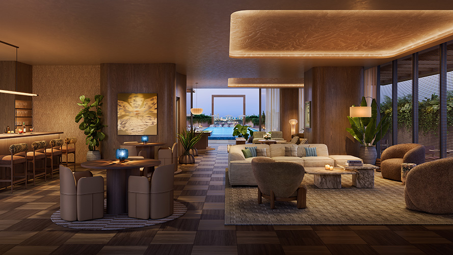 Landscaped firepit lounge with hammock seating at The William Residences rooftop