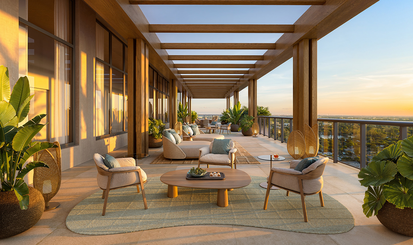 Sunset lounge at The William Residences with indoor outdoor seating and curved architectural forms
