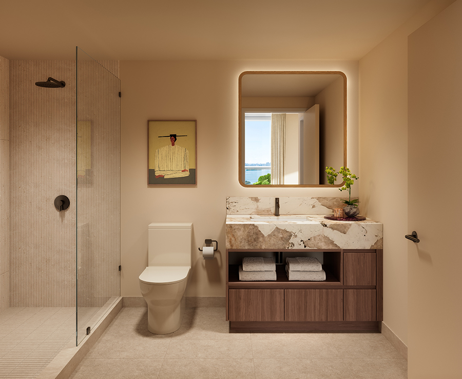 The William Residences bathroom with quartz surfaces, Hansgrohe fixtures, and spa-inspired design