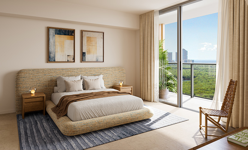 The William Residences primary bedroom with floor-to-ceiling glass and contemporary finishes