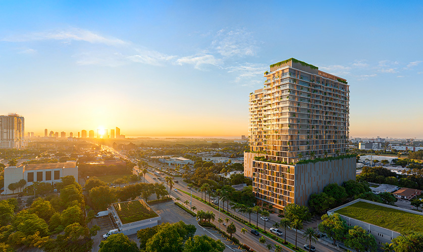 Rendering of The William Residences, a 26-story contemporary condominium tower in North Miami Beach designed by Carlos Ott with Behar Font and Partners, featuring a louvered facade and 374 residences